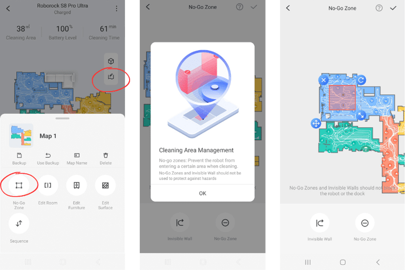 Приложение Roborock S8 Pro Ultra позволяет создавать запретные зоны для сухой и влажной уборки.